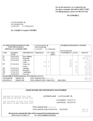 USA Louisiana St. John the Baptist Parish water bill in Word and PDF format