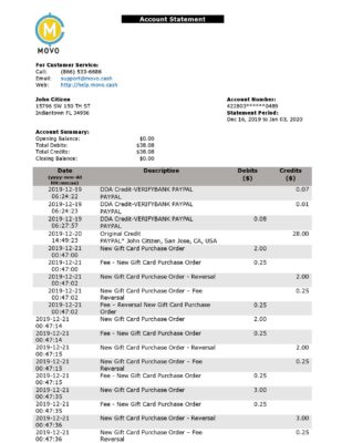 USA MOVO bank statement template in Word and PDF format, good for address prove