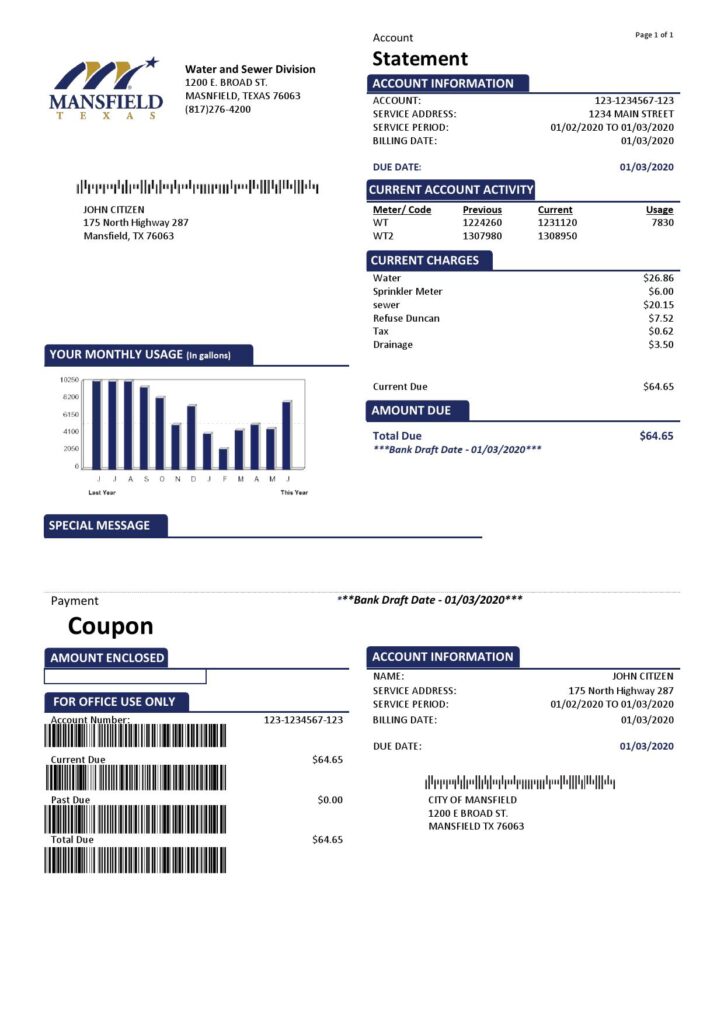 USA Mansfield Texas utility bill template in Word and PDF format (.doc and .pdf)