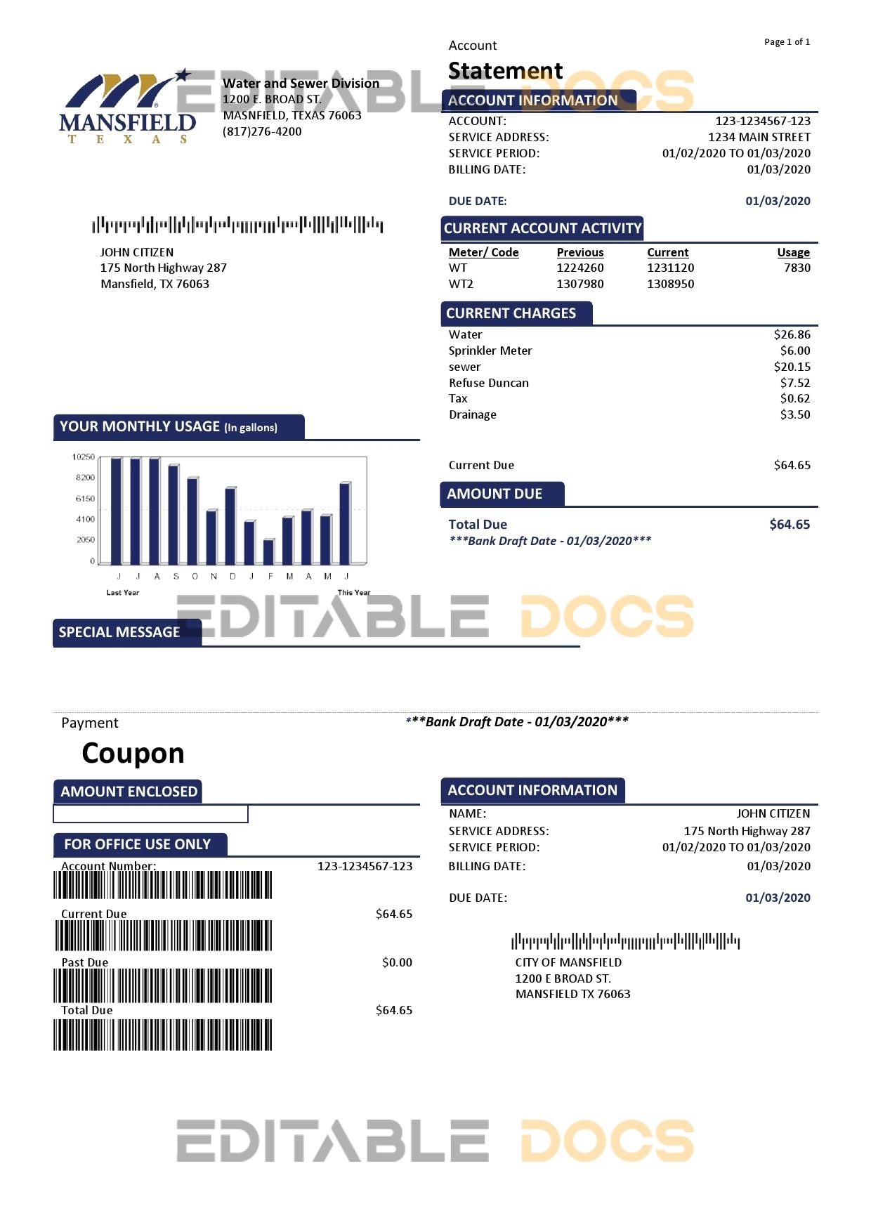 USA Mansfield Texas utility bill template in Word and PDF format (.doc and .pdf)