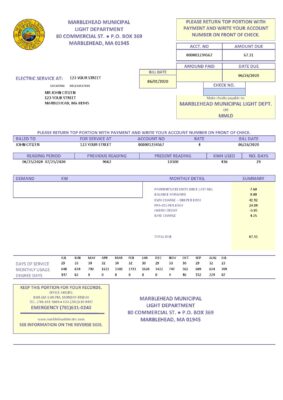 USA Marblehead Municipal Light Department utility bill template in Word and PDF format