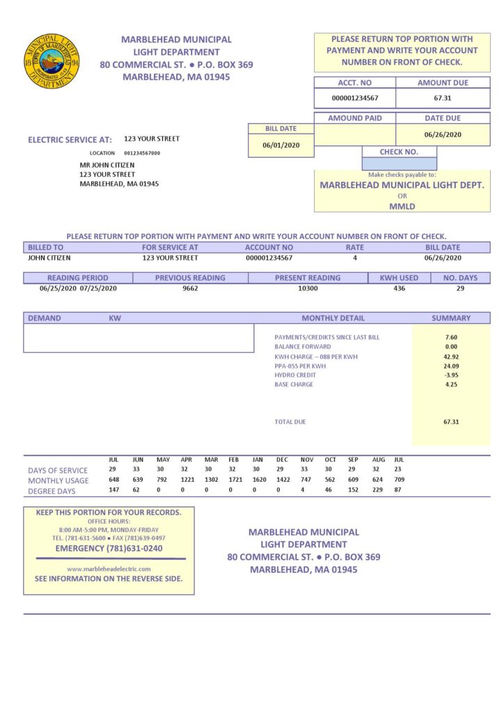 USA Marblehead Municipal Light Department utility bill template in Word and PDF format