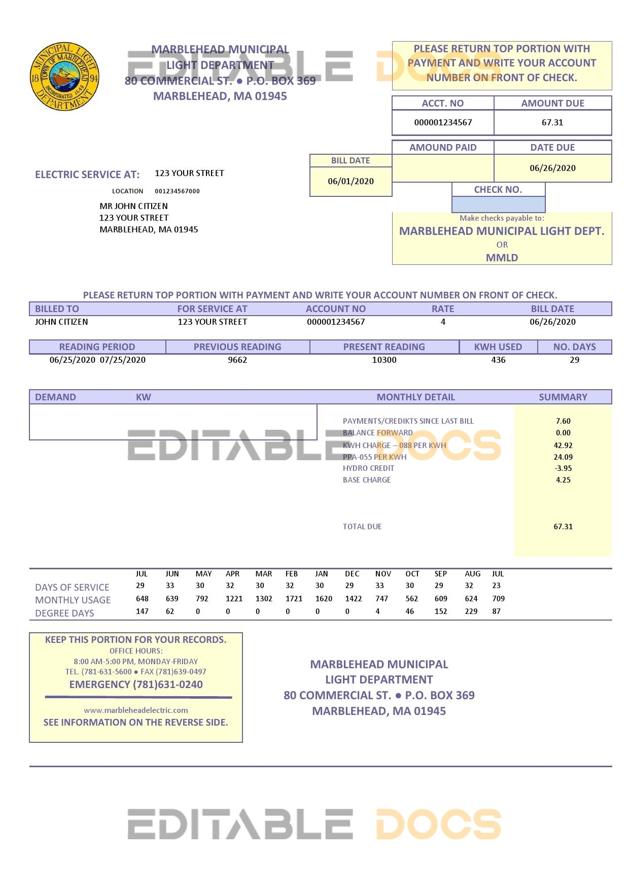 USA Marblehead Municipal Light Department utility bill template in Word and PDF format