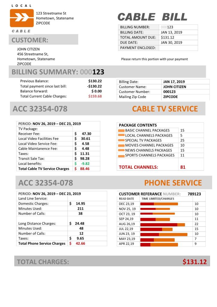 USA Marine Local Cable utility bill template in Word and PDF format (.doc and .pdf)