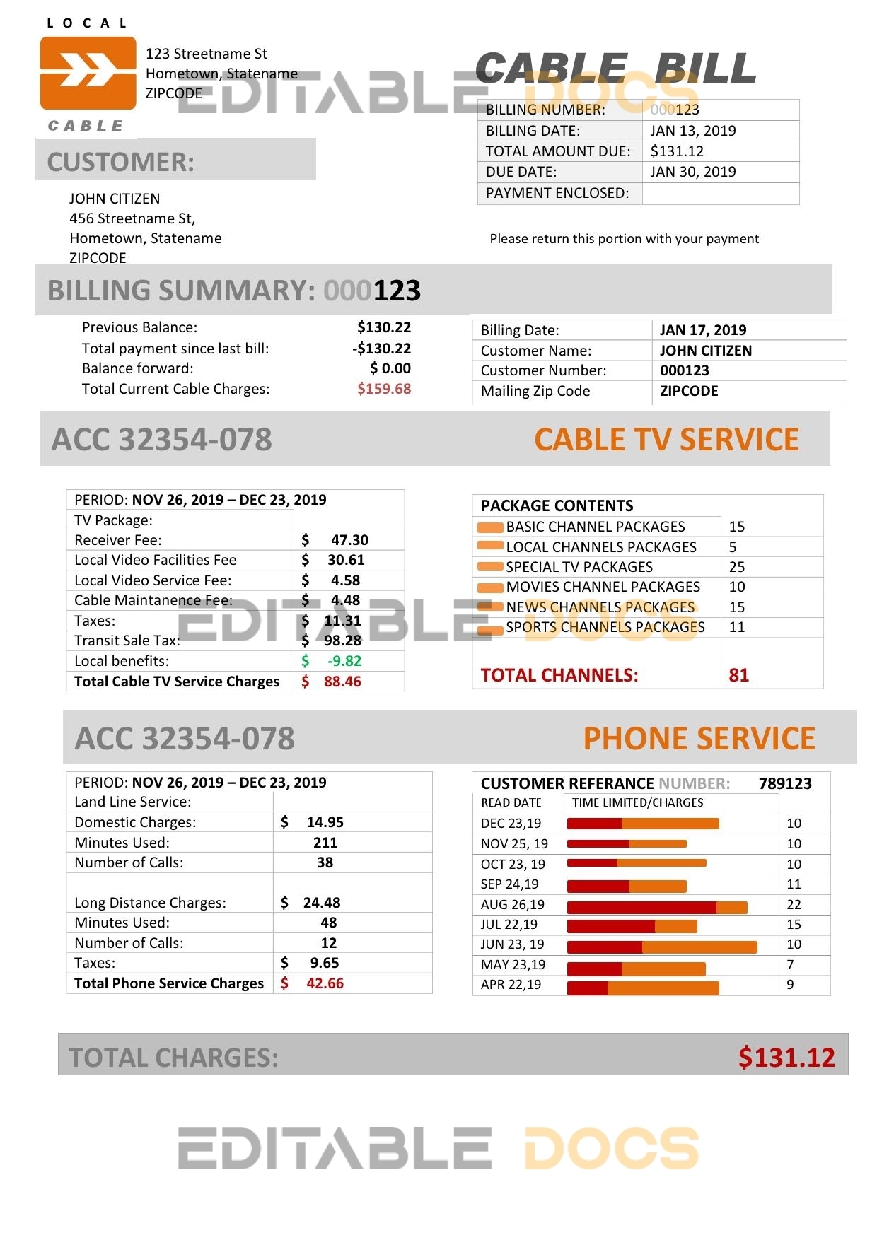 USA Marine Local Cable utility bill template in Word and PDF format (.doc and .pdf)