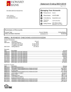 USA Editable Templates 6 USA Maryland Howard Personal proof of address bank statement template in Word and PDF format (4 pages)