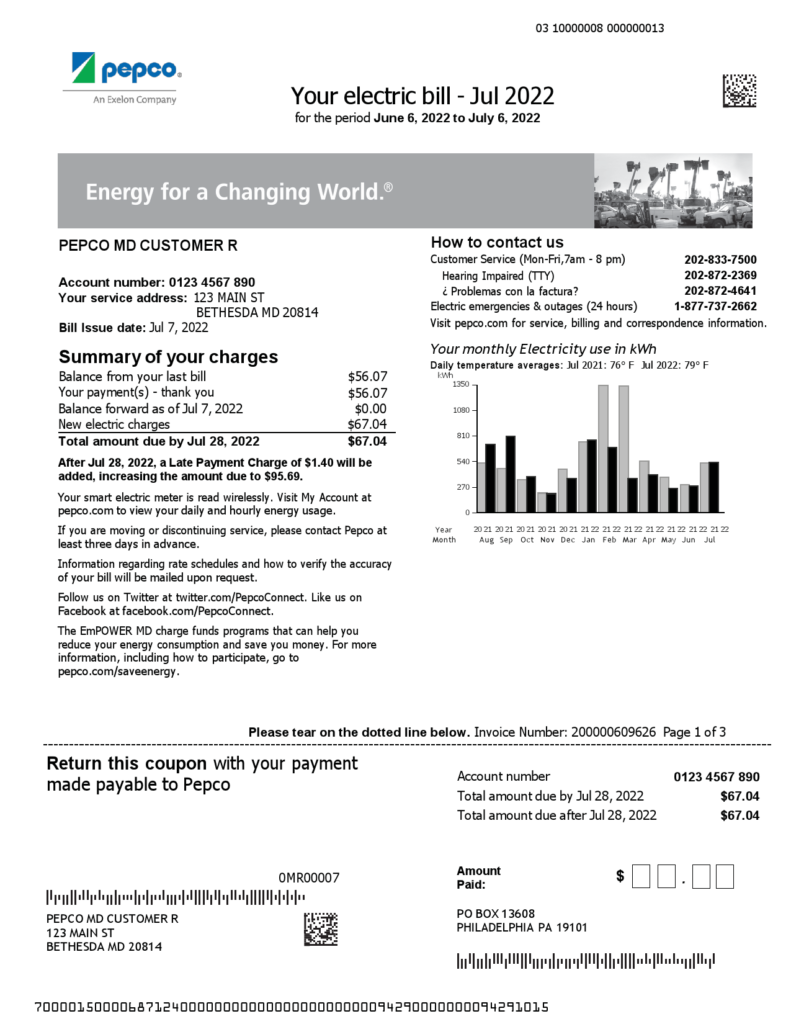 USA Maryland Pepco utility bill, Word and PDF template, 3 pages