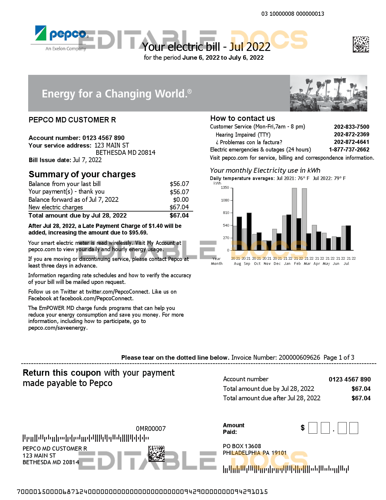 USA Maryland Pepco utility bill, Word and PDF template, 3 pages