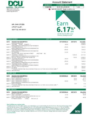 USA Massachusetts Digital Federal Credit Union (DCU) bank statement Word and PDF template, 5 pages