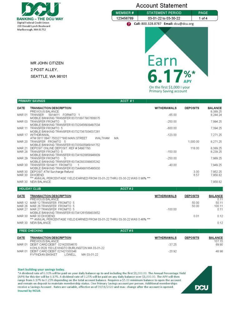 USA Massachusetts Digital Federal Credit Union (DCU) bank statement Word and PDF template, 5 pages 1