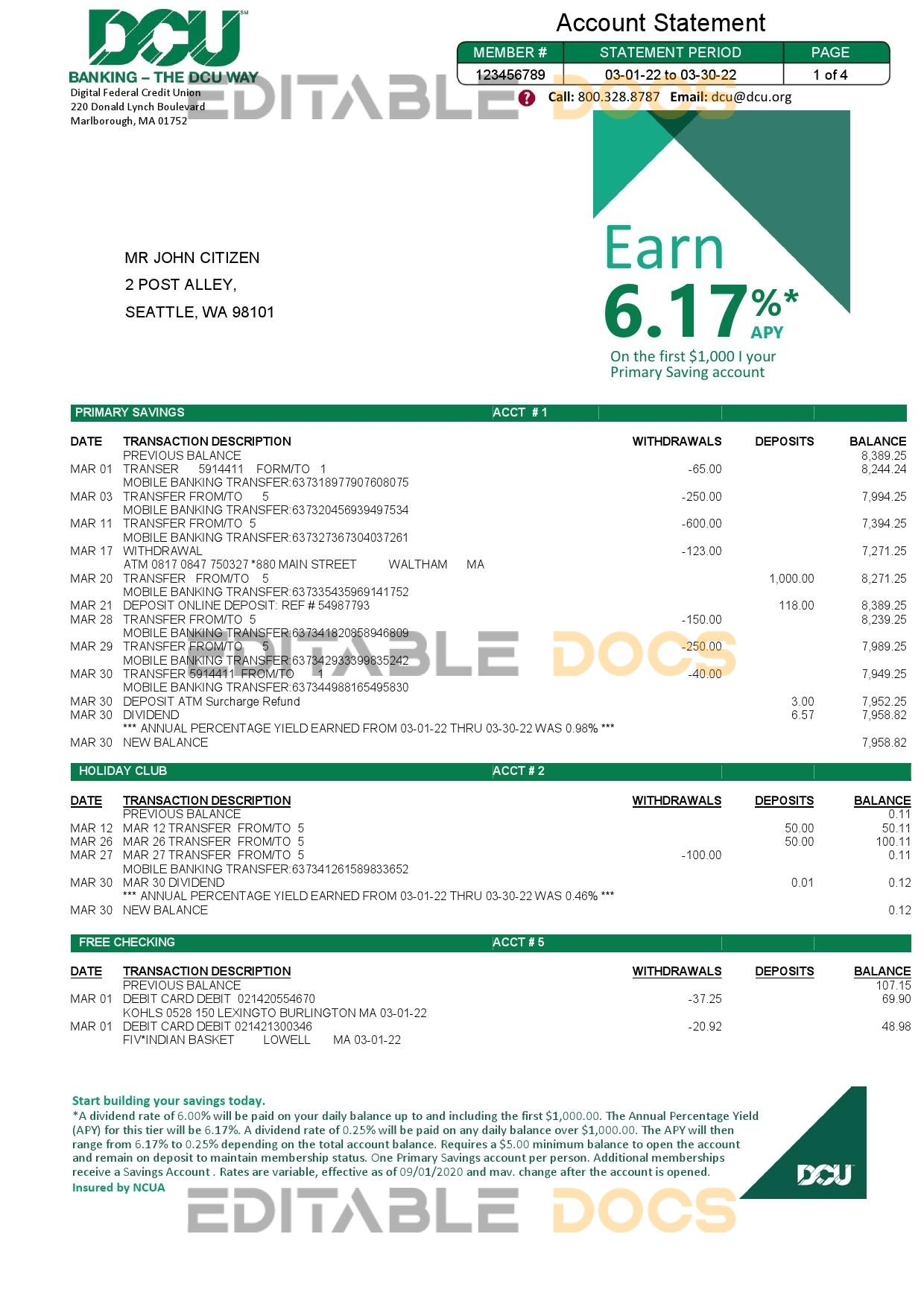 USA Massachusetts Digital Federal Credit Union (DCU) bank statement Word and PDF template, 5 pages