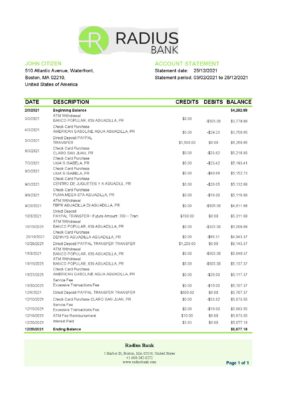 USA Massachusetts Radius Bank statement easy to fill template in Excel and PDF format