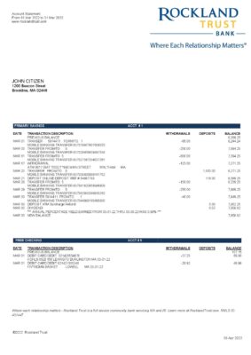 USA Massachusetts Rockland Trust bank statement Word and PDF template