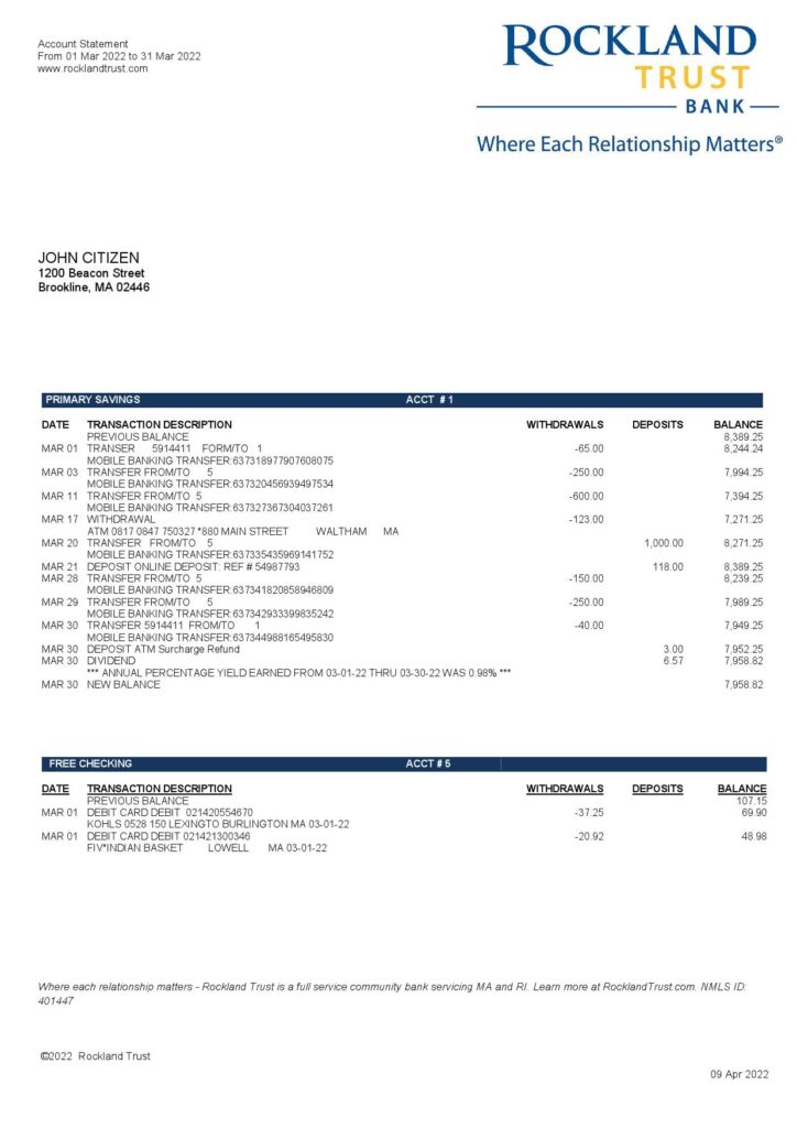 USA Massachusetts Rockland Trust bank statement Word and PDF template