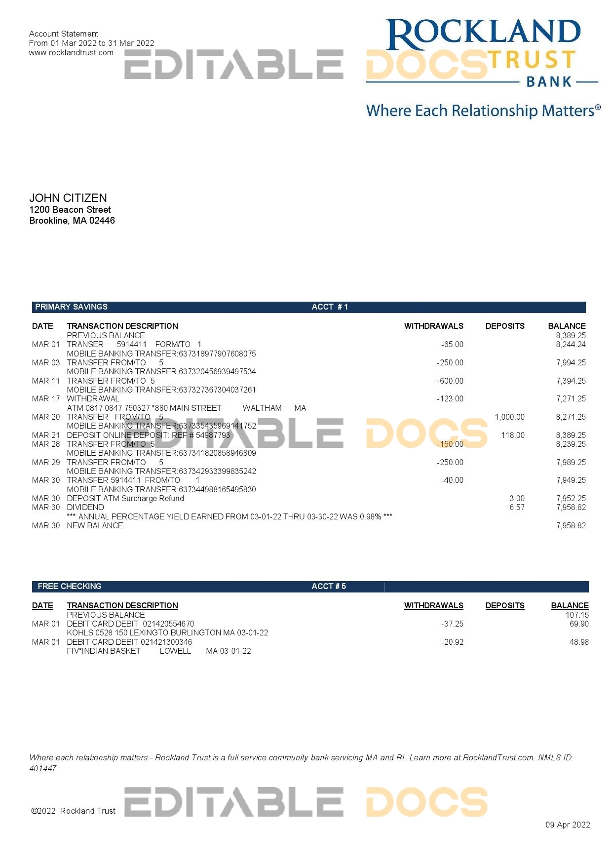 USA Massachusetts Rockland Trust bank statement Word and PDF template