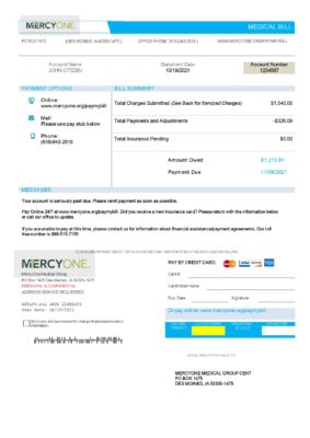 USA Iowa MercyOne medical bill template in Word and PDF format