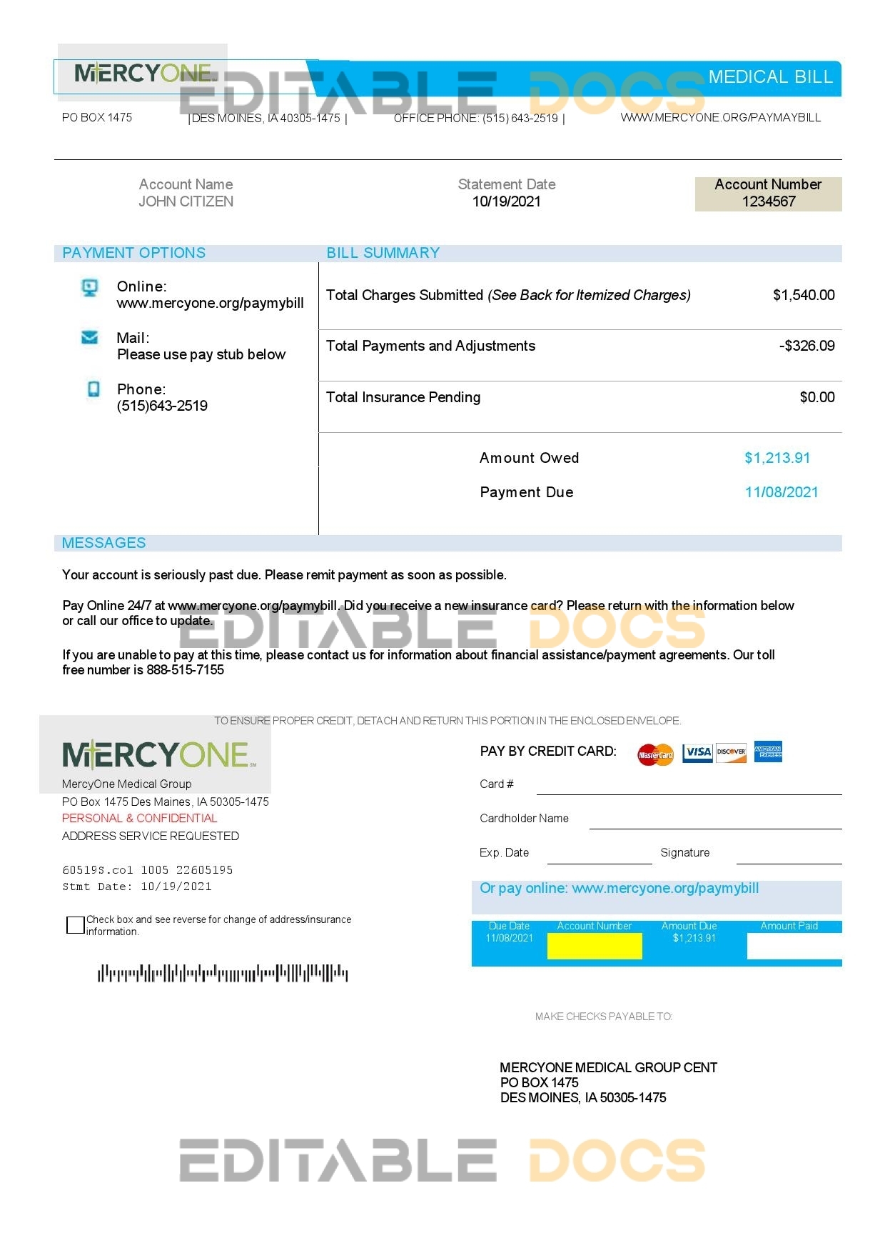 USA Iowa MercyOne medical bill template in Word and PDF format
