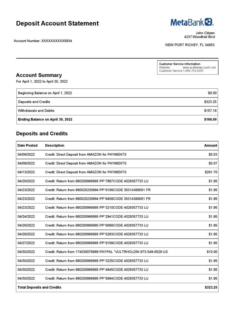 USA Metabank deposit account statement, Word and PDF template, 3 pages 1