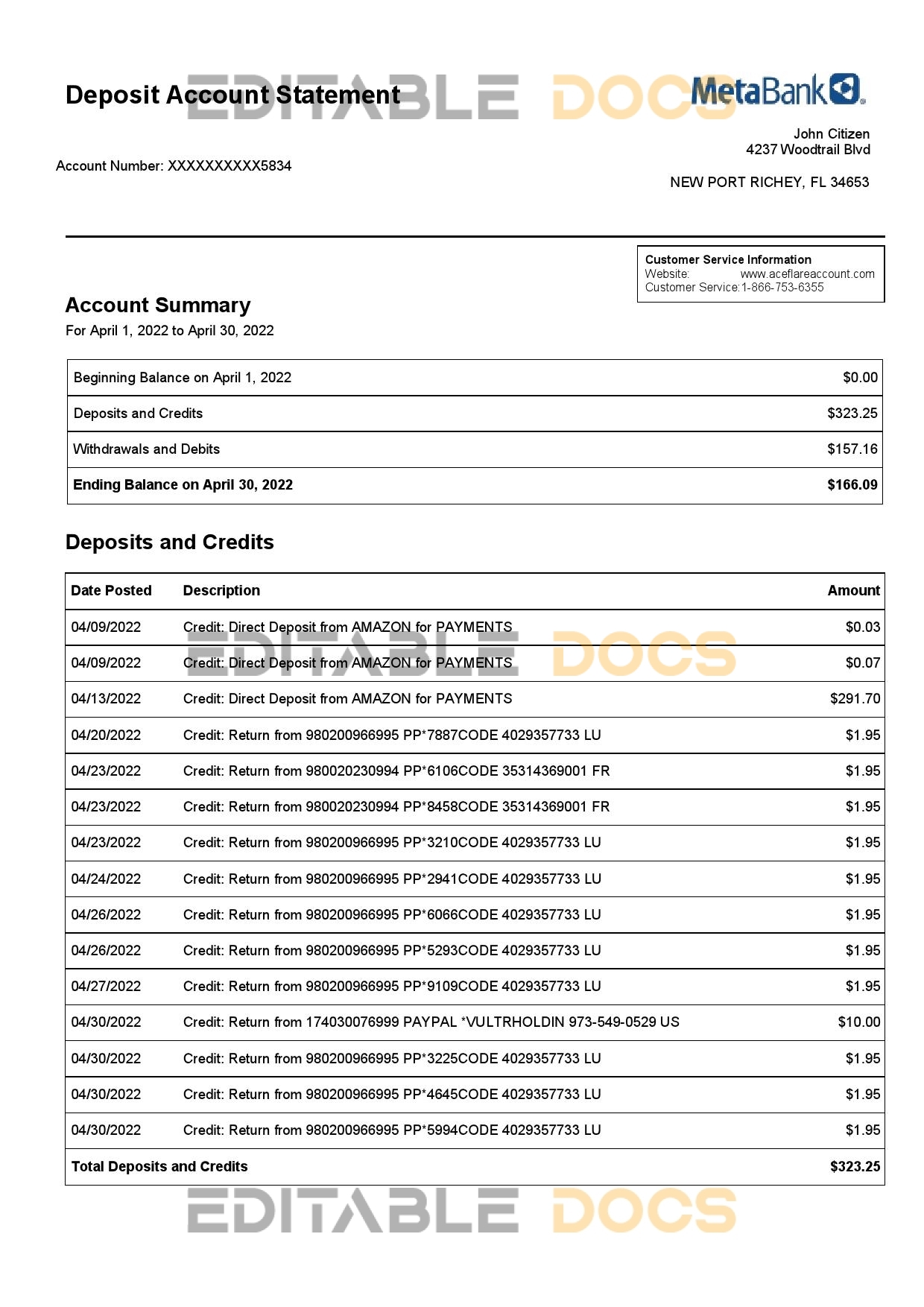 USA Metabank deposit account statement, Word and PDF template, 3 pages