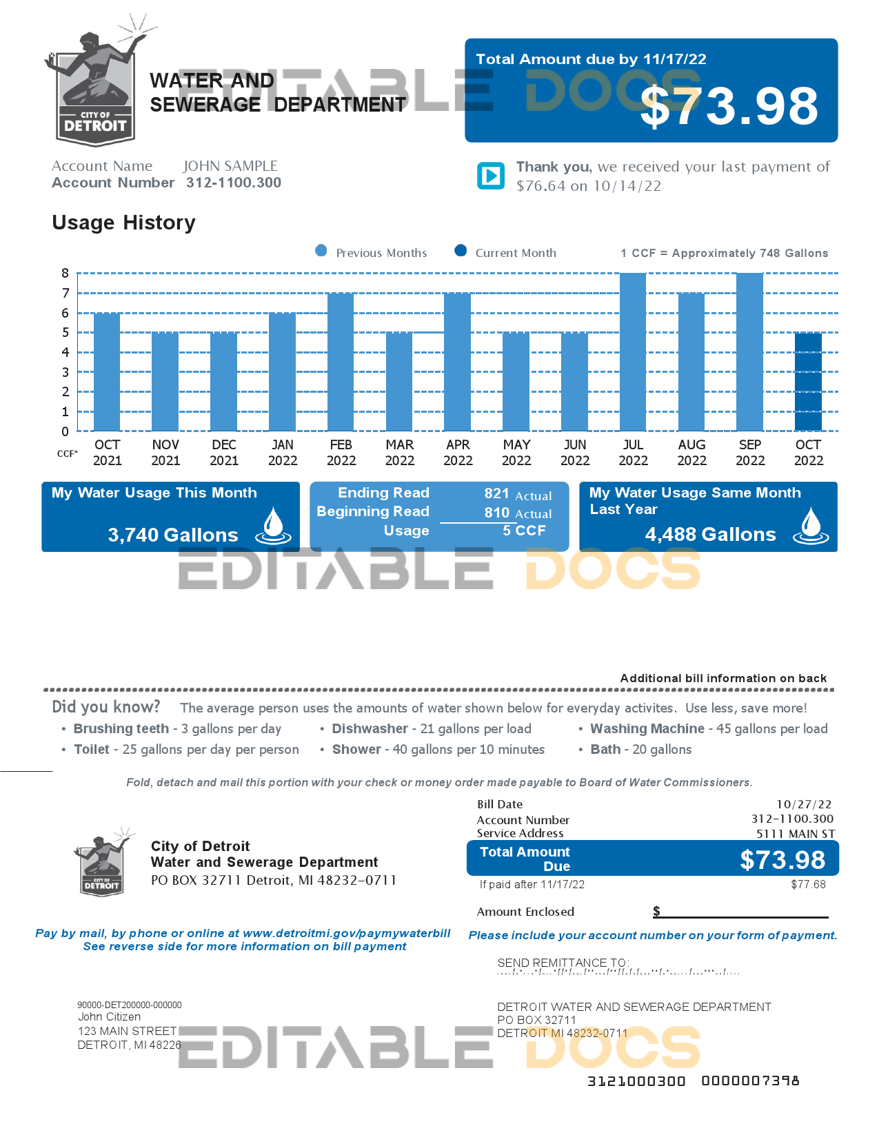 USA Michigan Water and Sewerage Department utility bill, Word and PDF template, 2 pages