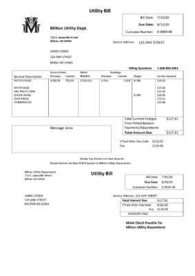 USA Massachusetts Milton Utility Dept water utility bill template in Word and PDF format