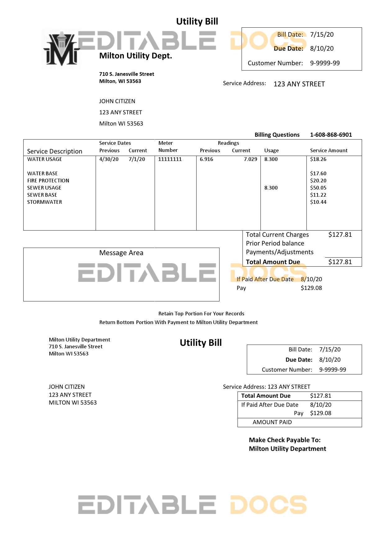 USA Massachusetts Milton Utility Dept water utility bill template in Word and PDF format