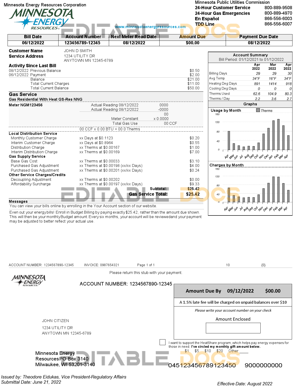 USA Minnesota Energy utility bill, Word and PDF template, 2 pages