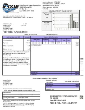 USA Editable Templates 7 USA Mississippi Dixie Electric utility bill template in Word and PDF format