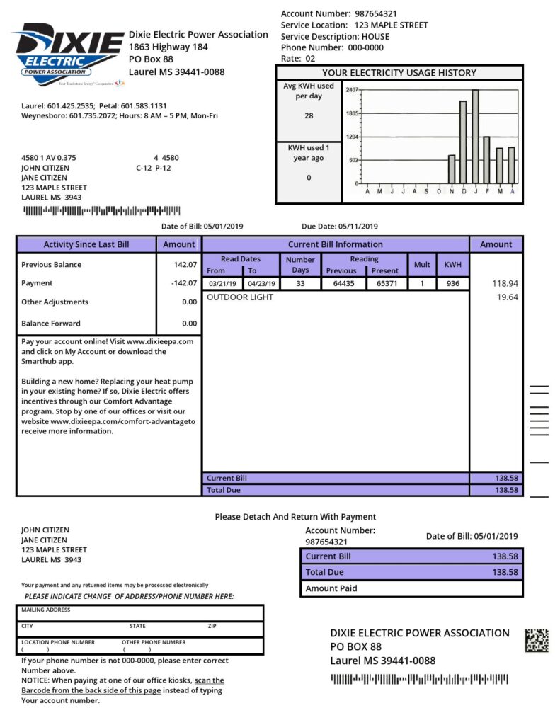 USA Mississippi Dixie Electric utility bill template in Word and PDF format