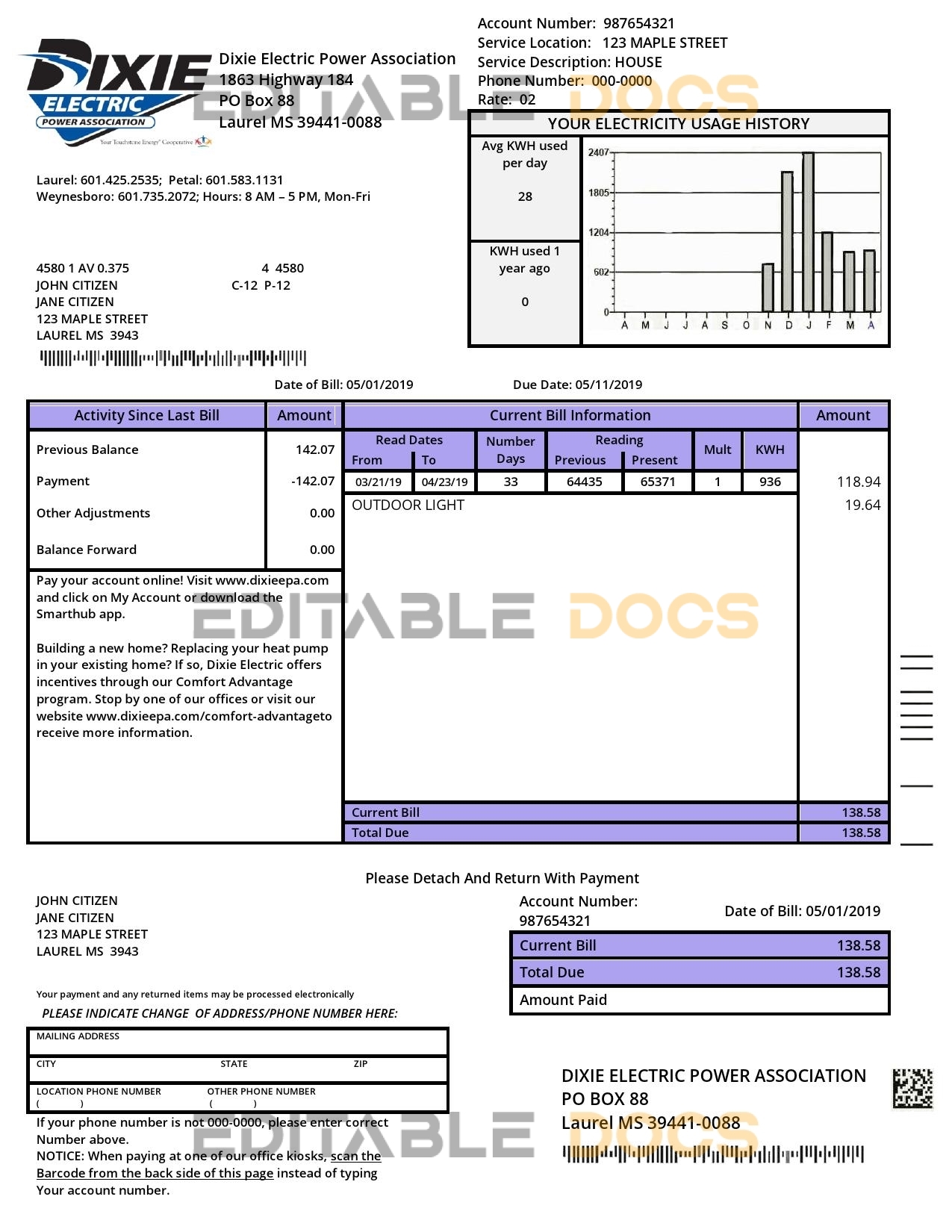 USA Mississipi Dixie Electric utility bill template in Word and PDF format