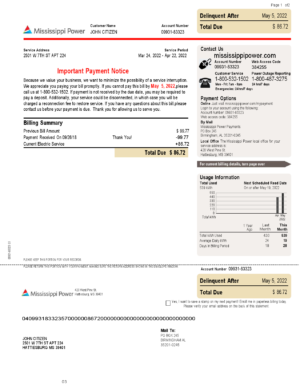 USA Editable Templates 15 USA Mississippi Power utility bill, Word and PDF template, 2 pages