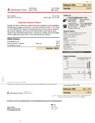 USA Mississippi Power utility bill, Word and PDF template, 2 pages