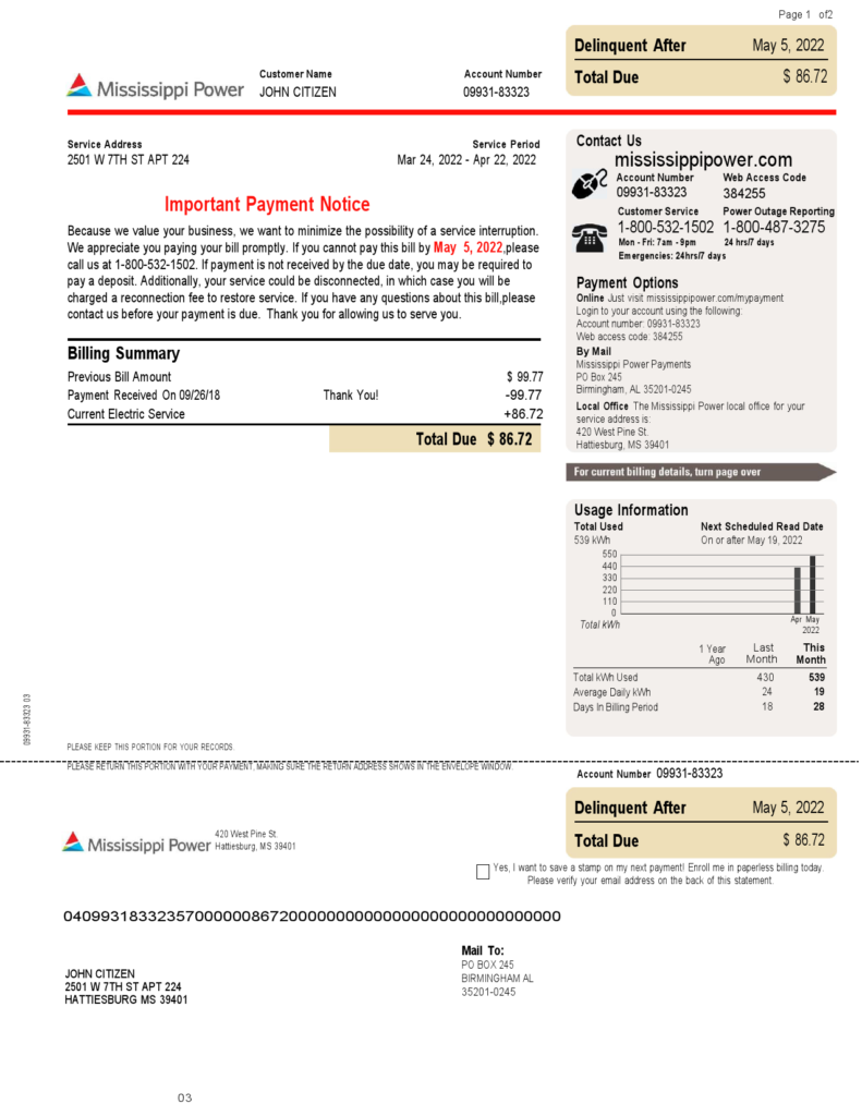 USA Mississippi Power utility bill, Word and PDF template, 2 pages
