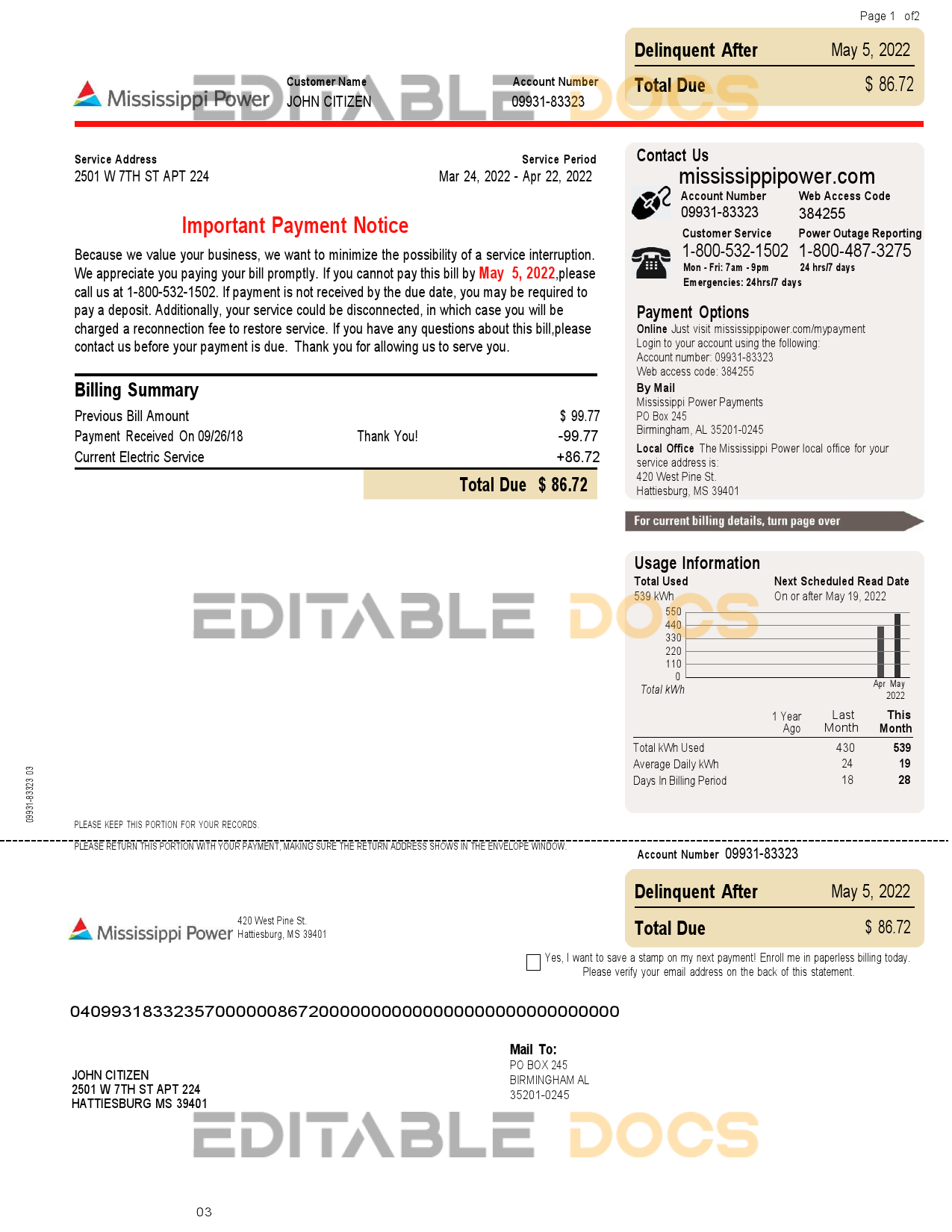 USA Mississippi Power utility bill, Word and PDF template, 2 pages