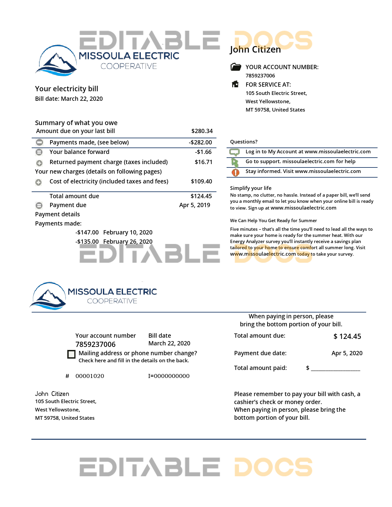 USA Montana Missoula Electric Cooperative electricity utility bill template in Word and PDF format