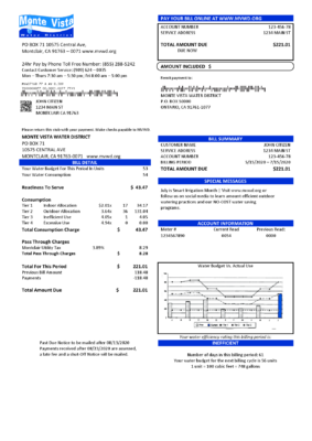 USA California Monte Vista Water District utility bill template in Word and PDF format