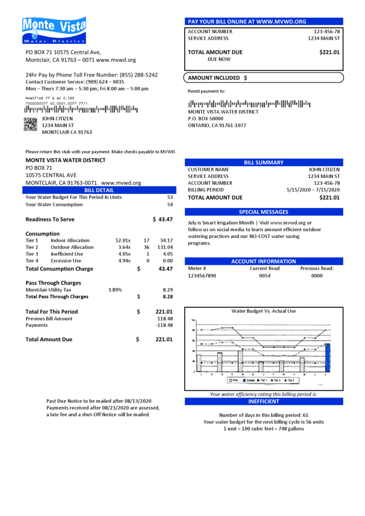 USA California Monte Vista Water District utility bill template in Word and PDF format
