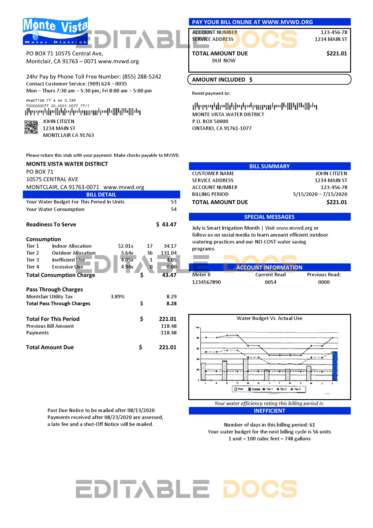 USA California Monte Vista Water District utility bill template in Word and PDF format