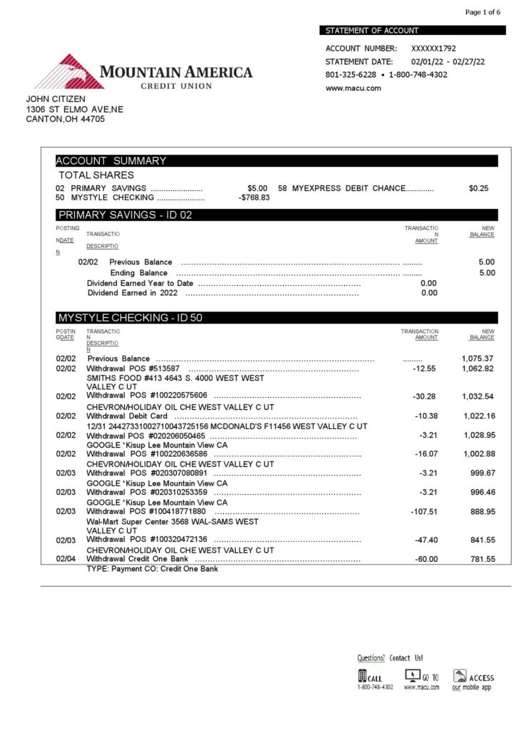 USA Mountain America Credit Union bank statement, Word and PDF template, 6 pages 1