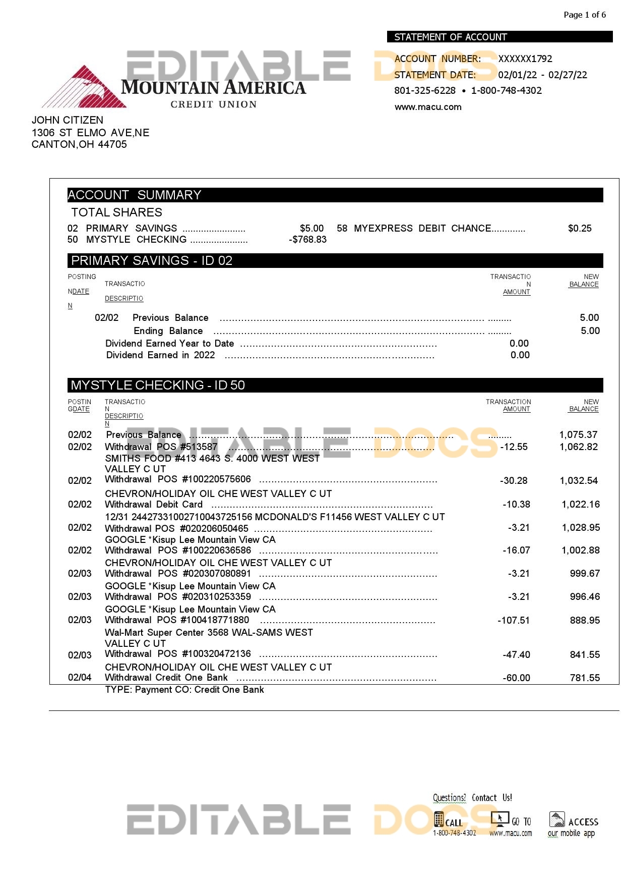 USA Mountain America Credit Union bank statement, Word and PDF template, 6 pages