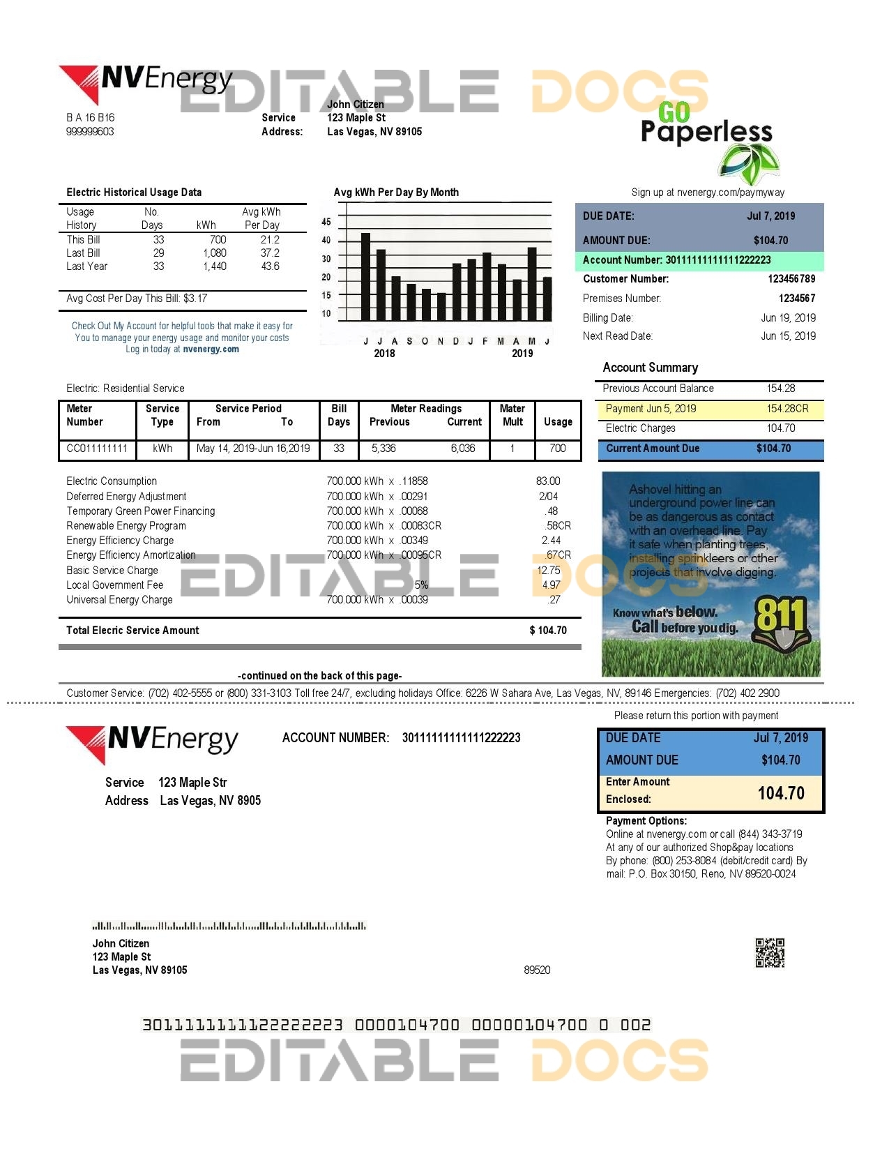 USA Nevada NV Energy utility bill template in Word and PDF format