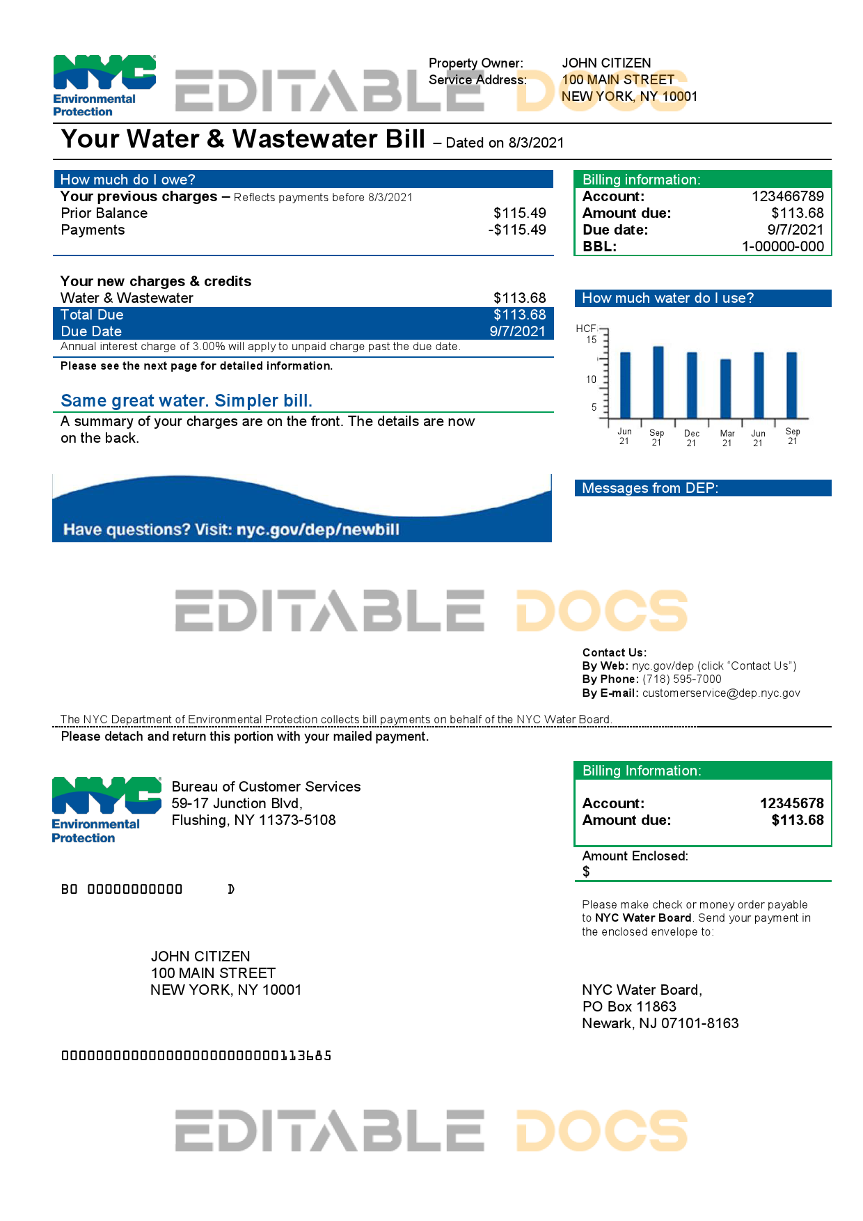 USA The New York City Department of Environmental Protection (DEP) utility bill template in Word and PDF format