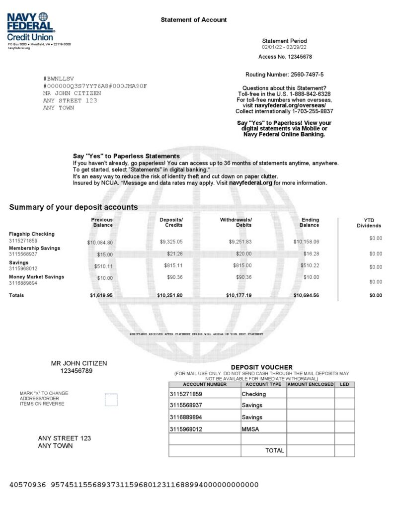 USA Navy Federal bank statement, Word and PDF template, 9 pages 1
