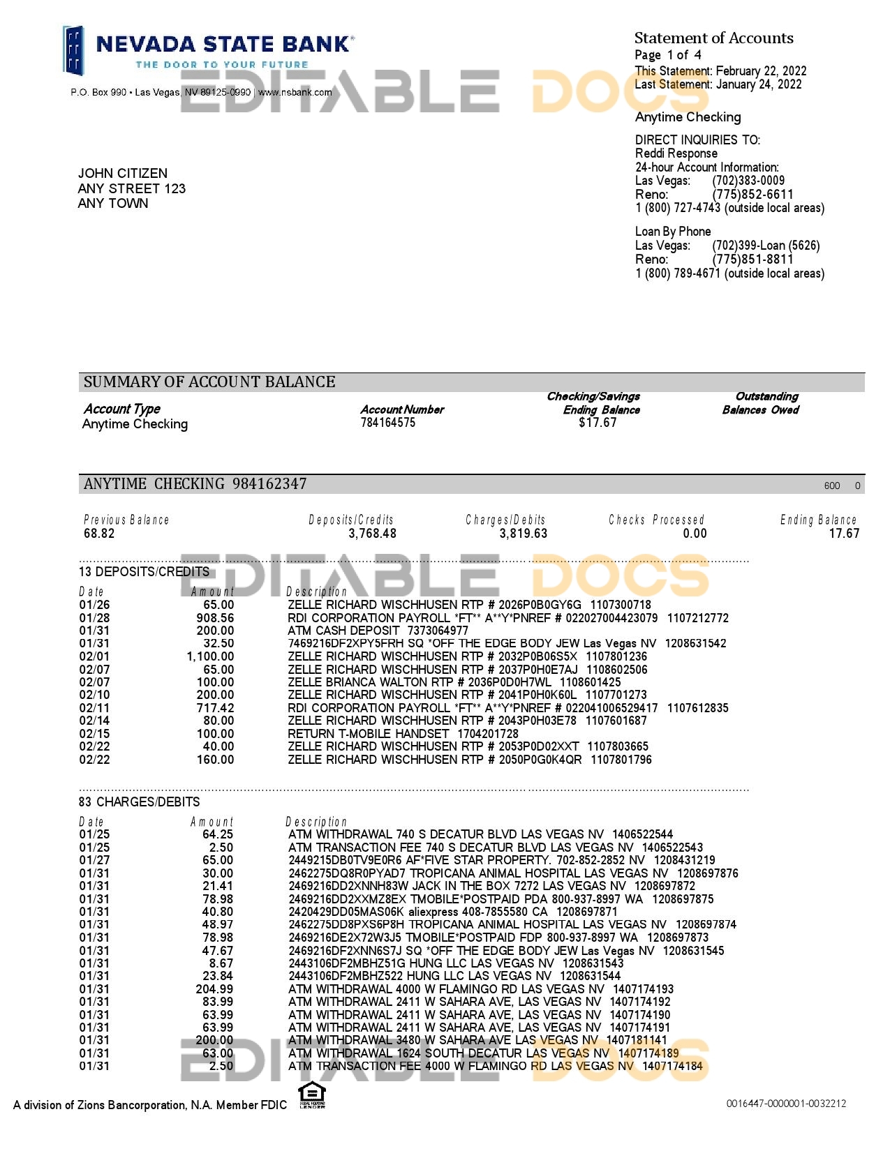 USA Nevada State Bank anytime checking statement, Word and PDF template, 4 pages