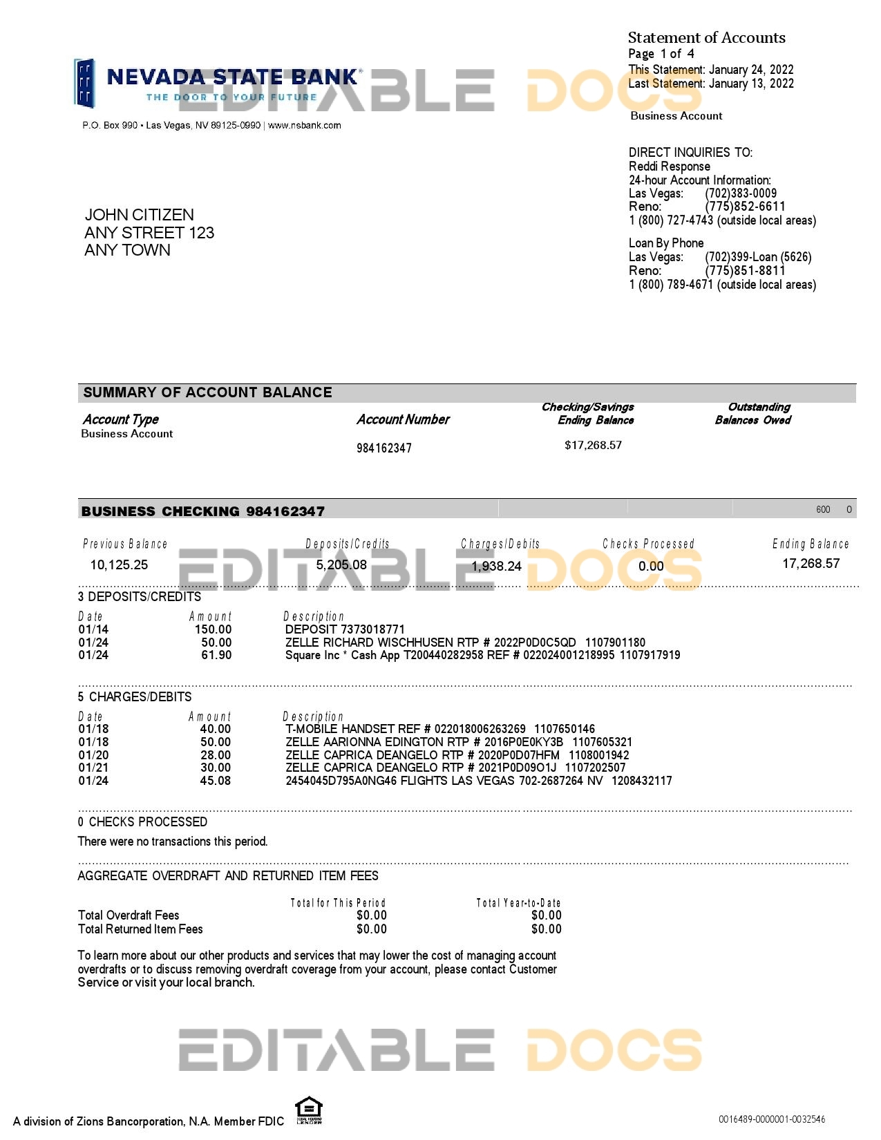 USA Nevada State Bank business checking statement, Word and PDF template, 4 pages