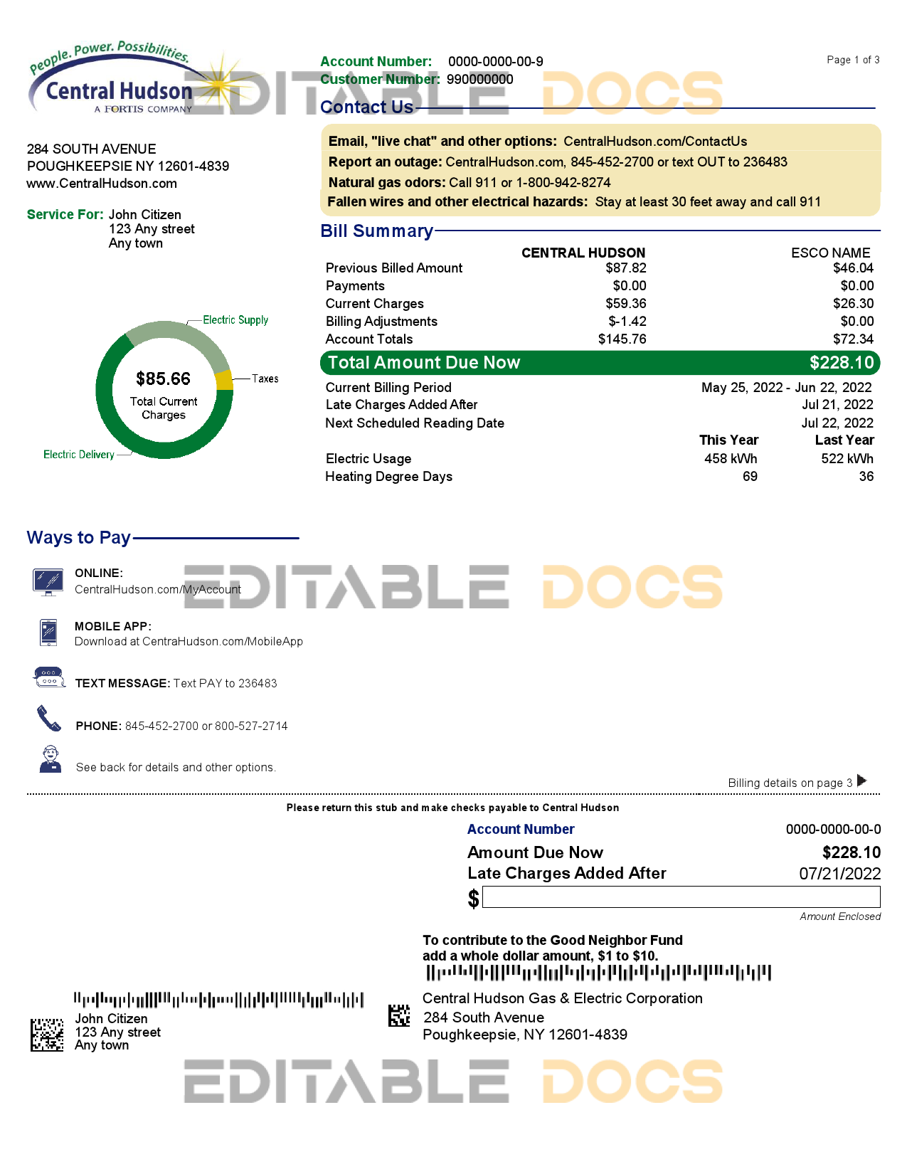 USA New York Central Hudson A fortis company utility bill, Word and PDF template, 3 pages