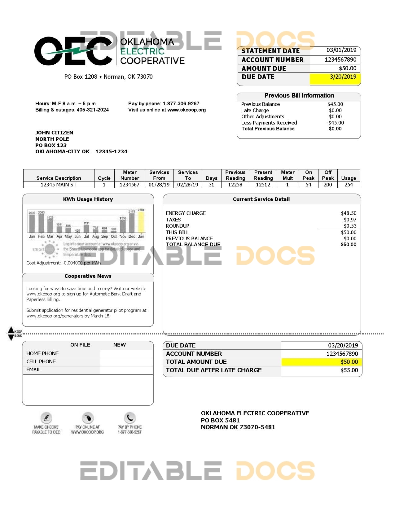USA OEC electricity utility bill template in Word and PDF format