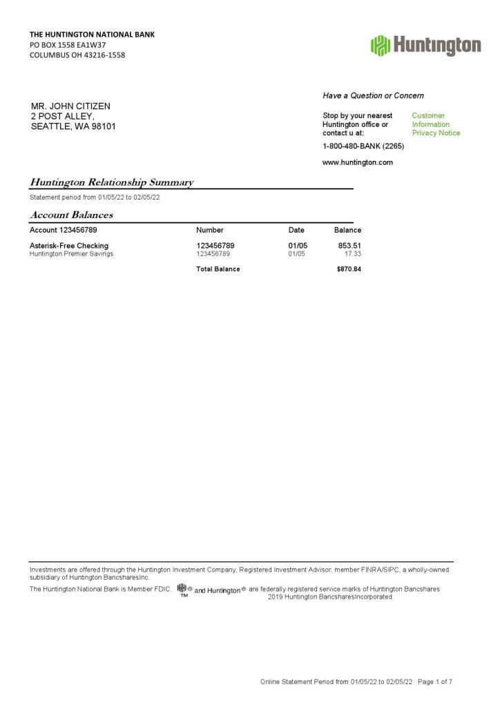 USA Ohio Huntington bank statement Word and PDF template, 7 pages