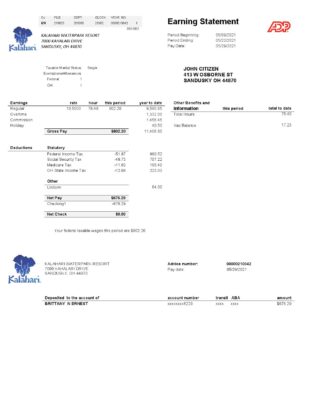 USA Ohio Kalahari Waterpark Resort utility bill template in Word and PDF format