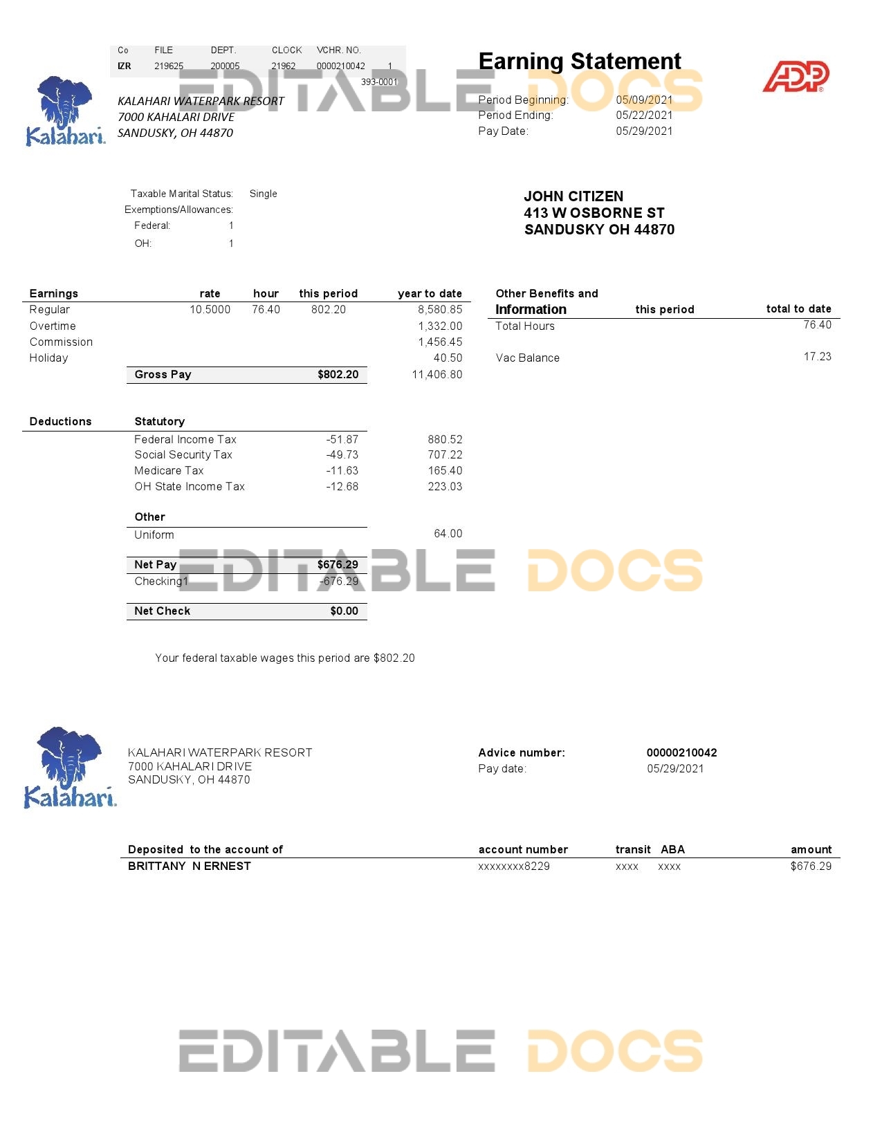 USA Ohio Kalahari Waterpark Resort utility bill template in Word and PDF format